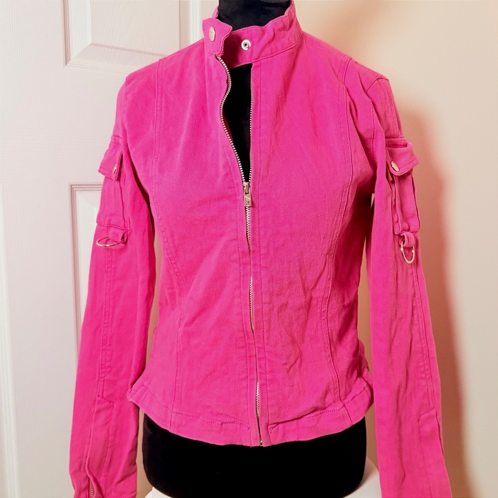 VTG Tripp NYC Pink Moto Jacket Punk Rock Goth Pockets Y2K Biker Size M Full Zip